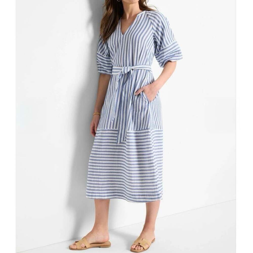 Nic+Zoe blue double gauze mixed stripe dress Large